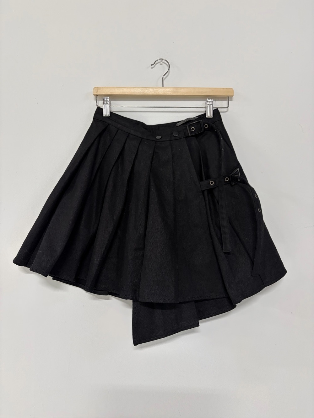 Waxed Denim asymmetrical pleated belted skirt